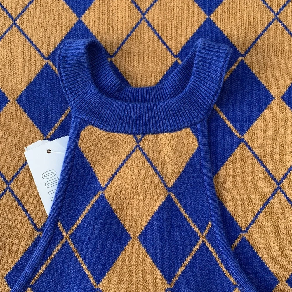 Urban Outfitters Argyle Halter RacerBack Sweater Dress Blue Mustard Yellow - Picture 12 of 12